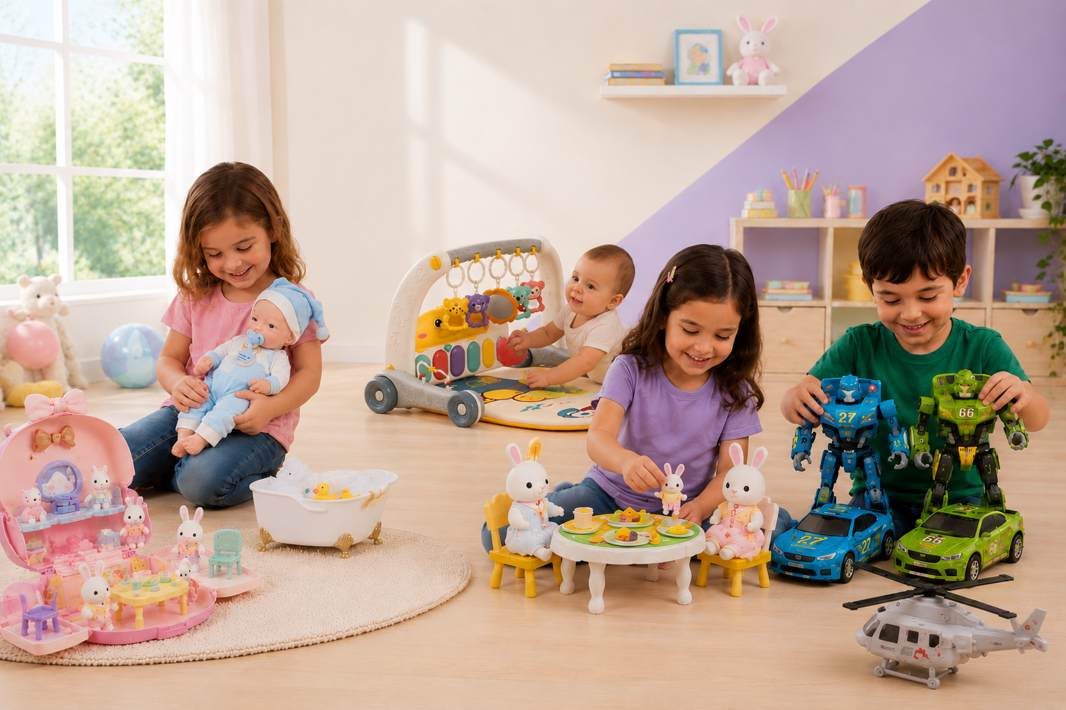 Chicos jugando con muñecas, bebotes, autos y juguetes de Pixel Kids